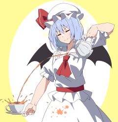 1girl ascot bat_wings blue_hair closed_eyes closed_mouth collared_shirt commentary_request cup frilled_shirt_collar frills hat hat_ribbon holding holding_plate holding_teapot light_blush medium_hair mob_cap plate pouring red_ascot red_ribbon remilia_scarlet ribbon shirt short_sleeves skirt smile smug solo tea teacup teapot touhou to~fuya white_hat white_shirt white_skirt wings