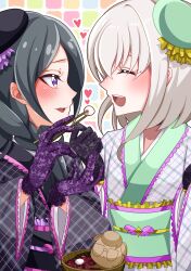 Rule 34 | 2girls, absurdres, black hair, black kimono, blonde hair, blunt bangs, blush, bob cut, braid, chopsticks, closed eyes, cup, eyelashes, feeding, food, frilled kimono, frills, gingham, gingham dress, gloves, grid background, half gloves, hat ornament, hat pin, heart, heart-shaped pupils, highres, holding, holding chopsticks, holding cup, itsuki keiichi, japanese clothes, kimi to idol precure, kimono, lace, lace-trimmed gloves, lace gloves, lace trim, long hair, long sleeves, low twintails, meroron (civilian) (precure), meroron (precure), mochi, multiple girls, open mouth, parted bangs, precure, purirun (civilian) (precure), purirun (precure), red bean, short hair, sideways, sideways face, smile, symbol-shaped pupils, tanakaan (fairy) (precure), thick eyelashes, twin braids, twintails, upper body, white kimono, zooming in, zouni soup
