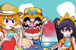1boy 2girls absurdres ashley_(warioware) bai_53 black_hair blue_eyes blue_sky brown_hair closed_eyes cloud dress facial_hair flower food hair_ornament hat hat_flower highres holding holding_spoon mona_(warioware) multiple_girls mustache nintendo orange_hair pointy_ears red_dress red_eyes shaved_ice sky spoon sweatdrop wario warioware warioware:_move_it! yellow_hat