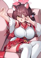 1girl absurdres ahoge animal_ears arm_up blue_archive breasts commentary couch detached_sleeves extra_ears feet_out_of_frame fingernails hair_between_eyes hair_bun hakama halo highres japanese_clothes kaede_(blue_archive) kraken_mikan large_breasts looking_at_viewer lying on_back on_couch open_mouth oppai_loli pink_halo red_hakama red_sailor_collar rubbing_eyes sailor_collar saliva short_hair simple_background single_side_bun sleeveless solo thighhighs white_sleeves white_thighhighs yellow_eyes