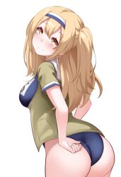 Rule 34 | 1girl, adjusting clothes, adjusting swimsuit, ass, back, blue one-piece swimsuit, breasts, brown eyes, brown hair, hairband, i-26 (kancolle), kantai collection, kirigakure (kirigakure tantei jimusho), large breasts, long hair, looking at viewer, looking to the side, name tag, new school swimsuit, one-piece swimsuit, open clothes, sailor collar, school swimsuit, short sleeves, smile, solo, swimsuit, swimsuit under clothes, two-tone hairband, two side up, wedgie, white background