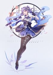1girl bare_shoulders black_pantyhose blue_sky blue_sleeves boots braid chinese_clothes cone_hair_bun detached_sleeves double_bun earrings flower full_body genshin_impact gloves grey_hair hair_bun hair_flower hair_ornament highres holding holding_weapon jewelry keqing_(genshin_impact) pantyhose purple_boots purple_gloves red_eyes saiivia side_braid sky solo twintails weapon