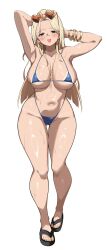 1girl absurdres bandaid bandaid_on_face bandaid_on_nose bikini blue_bikini blue_eyes blunt_ends blush bracelet breasts cameltoe centi_(nikke) centi_(ocean_repair)_(nikke) collarbone commentary_request curvy eyewear_on_head feet gluteal_fold goddess_of_victory:_nikke heart heart-shaped_eyewear highres jewelry large_breasts long_hair micro_bikini navel neck official_alternate_costume open_mouth parted_bangs partially_undressed sandals sideboob simple_background sleeves_rolled_up smile stomach sunglasses sweat swimsuit tape_measure thigh_gap thighs toes underboob white_background wrench yabai_gorilla