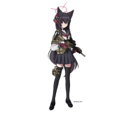 Rule 34 | 1girl, ammunition pouch, animal ear fluff, animal ears, armband, assault rifle, black hair, black shoes, black thighhighs, blue archive, blue sailor collar, blue skirt, closed mouth, fox ears, fox girl, green armband, gun, halo, headphones, highres, holding, holding gun, holding weapon, implied extra ears, neckerchief, otogichan hshs, pouch, red eyes, red halo, red neckerchief, rifle, sailor collar, shoes, skirt, solo, thighhighs, weapon, yukino (blue archive)
