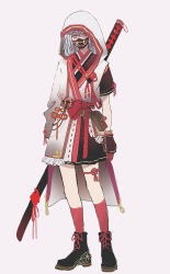 1girl asymmetrical_sleeves belt_pouch black_shoes blue_hair closed_mouth commentary_request full_body hair_between_eyes hair_branch highres hood hood_up japanese_clothes kaguya_(rune_factory) katana long_hair long_sleeves looking_at_viewer mask mouth_mask pouch purple_eyes red_rope red_socks rope rune_factory rune_factory:_guardians_of_azuma rurui_(jac7860) sheath sheathed shoes simple_background socks solo standing sword weapon weapon_on_back