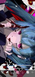 1girl amemiya_darumi blood bloody_knife blue_hair camera_phone female_focus hands_up holding holding_knife holding_weapon knife long_hair looking_at_viewer makeup open_mouth pink_eyes running runny_makeup solo solo_focus the_hundred_line_-last_defense_academy- twintails user_interface viewfinder weapon