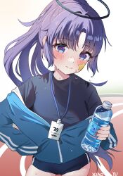1girl artist_name blue_archive blue_buruma blue_jacket blue_shirt blush bottle buruma choppy_bangs closed_mouth contrapposto cowboy_shot english_text hair_intakes halo hand_on_own_hip highres holding holding_bottle jacket lanyard long_hair looking_at_viewer mechanical_halo outdoors parted_bangs partially_unzipped ponytail purple_eyes purple_hair red_pupils running_track shirt sidelocks smile solo split_mouth star_sticker sticker_on_face sweat t-shirt track_jacket water_bottle xiaoyu_(hyh224488) yuuka_(blue_archive) yuuka_(track)_(blue_archive)