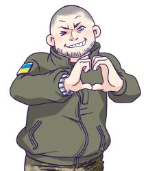 Rule 34 | 1boy, anonymous (japanese), bald, beard, beard stubble, blue eyes, buzz cut, camouflage, camouflage pants, facial hair, grin, heart, heart hands, japanon, light blush, looking at viewer, mature male, non-web source, one eye closed, pants, real life, russo-ukrainian war, shiny eyes, short hair, smile, solo, stubble, transparent background, ukraine, ukrainian flag, valerii zaluzhnyi, very short hair, watch, wristwatch