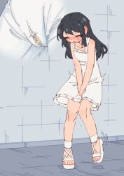 Rule 34 | 1girl, absurdres, between legs, black hair, blush, closed eyes, collarbone, commentary request, dress, embarrassed, flat chest, hand between legs, have to pee, highres, large variant set, long hair, multiple views, open mouth, original, pee, pee stain, peeing, peeing self, rune (dualhart), sandals, standing, toes, variant set, white dress, white sandals