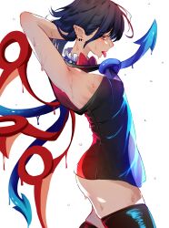 1girl :p arm_behind_head armpits ass bare_shoulders black_dress black_hair blue_wings breasts clothes_lift dress dress_lift earrings from_side highres houjuu_nue jewelry lifting_own_clothes long_hair microdress multiple_earrings orange_eyes puck100ml red_eyes red_wings short_dress skindentation sleeveless sleeveless_dress small_breasts solo thighhighs thighs tongue tongue_out touhou wet wings