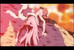 Rule 34 | 2girls, animated, anime screenshot, battle, breasts, destruction, dix-neuf, explosion, kicking, lal&#039;c mellk mal, long hair, lowres, mecha, medium breasts, monster, multiple girls, nipples, nono (top wo nerae 2!), robot, running, sound, space, top wo nerae! (series), top wo nerae 2!, topless female, torn clothes, video