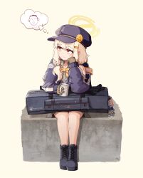 1girl absurdres aoba_(blue_archive) bag blonde_hair blue_archive boots bow bowtie cup doodle_sensei_(blue_archive) full_body gloves hair_ornament hairclip halo hat head_rest highres holding holding_cup jacket long_hair long_sleeves low_twintails mug rake_autumn red_eyes sensei_(blue_archive) simple_background sitting skirt solo speech_bubble thinking thought_bubble twintails yellow_bow yellow_bowtie