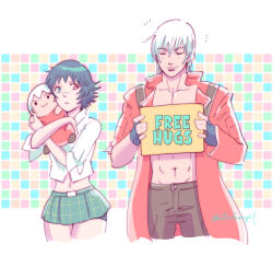 1boy 1girl allie_(united_f) bike_shorts black_gloves black_pants closed_eyes coat dante_(devil_may_cry) devil_may_cry devil_may_cry_(series) devil_may_cry_3 fingerless_gloves gloves green_eyes heterochromia holding holding_sign lady_(devil_may_cry) midriff no_shirt pants red_coat red_eyes scar scar_on_face scar_on_nose shirt sign skirt smile stuffed_toy white_shirt