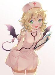 Rule 34 | 1girl, blonde hair, blush, commentary, cowboy shot, demon tail, dress, fang, flat chest, green eyes, hair between eyes, hat, highres, holding, holding board, holding syringe, idolmaster, idolmaster cinderella girls, looking at viewer, medium hair, michii yuuki, nurse, nurse cap, open mouth, pink dress, pink hat, pocket, puffy short sleeves, puffy sleeves, sakurai momoka, short sleeves, sidelocks, skin fang, smile, solo, stethoscope, syringe, tail, thighs, wavy hair, white background