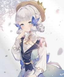 1girl ayaka_(genshin_impact) back_bow blue_bow blue_dress blue_eyes blunt_bangs blush bow braid branch brown_hat butterfly_hair_ornament buttons closed_mouth collared_dress commentary_request dress flower genshin_impact gold_trim gradient_background grey_background grey_hair hair_flower hair_ornament hair_tubes hand_up hat hat_flower hat_ornament highres jewelry kamisato_ayaka kamisato_ayaka_(springbloom_missive) leaf leaf_hat_ornament long_sleeves looking_to_the_side necklace official_alternate_costume official_alternate_hairstyle petals pink_bow puffy_long_sleeves puffy_sleeves short_hair smile solo sorani_(kaeru0768) standing tassel tree two-tone_dress white_background white_dress white_flower wing_collar yellow_flower