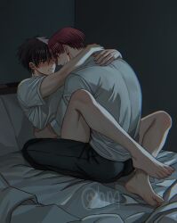 Rule 34 | 2boys, bare legs, barefoot, bed, black eyes, black hair, closed mouth, earrings, feet, heterochromia, hyohls2 (hamao3o), jewelry, male focus, multicolored hair, multiple boys, red eyes, red hair, sakura haruka (wind breaker), shirt, smile, split-color hair, suo hayato, toes, two-tone hair, white hair, white shirt, wind breaker (nii satoru), yaoi, yellow eyes