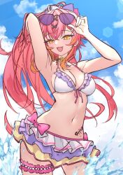 1girl :d armpits bikini blush bow double-parted_bangs eyewear_on_head fang frilled_bikini frilled_thigh_strap frills hair_between_eyes highres linea_alba long_eyelashes looking_at_viewer navel nekota_tsuna open_mouth pink_bow ponytail ribbon smile solo splashing stomach_tattoo swimsuit tattoo thigh_strap vspo! water yellow_eyes yellow_ribbon z.m._(zimin)