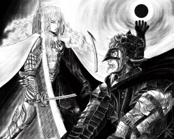 Rule 34 | 2boys, absurdres, alwintantowi, armor, bandages, belt, belt buckle, berserk, bishounen, black hair, bleeding, blood, blood on face, broken, broken sword, broken weapon, buckle, clenched teeth, cloak, commentary, cutting, duel, english commentary, fighting, gauntlets, global unlimited task squad uniform, greatsword, greyscale, griffith (berserk), guts (berserk), highres, holding, holding sword, holding weapon, light rays, long hair, mask, monochrome, multiple boys, pastel (medium), pastel colors, sword, teeth, traditional media, weapon, white hair