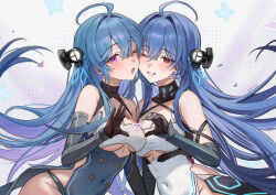 2girls absurdres ahoge ariko_(aaaaarik) azur_lane black_gloves black_panties blue_dress blue_gloves blue_hair breasts cheek-to-cheek cleavage cleavage_cutout clothing_cutout collared_halterneck commentary covered_navel criss-cross_halter double-parted_bangs dress elbow_gloves floating_hair gloves halterneck heads_together heart heart_hands heart_hands_duo helena_(azur_lane) helena_(meta)_(azur_lane) highres long_hair looking_at_viewer medium_breasts multiple_girls open_mouth panties purple_eyes red_eyes side_slit smile symbol-only_commentary teeth underboob underboob_cutout underwear very_long_hair white_dress