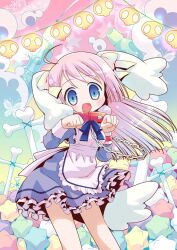 Rule 34 | 1girl, ahoge, amimi, animal ears, apron, black dress, blue eyes, candy, chain, chain leash, collar, dog ears, dog tail, dress, feet out of frame, food, hair ribbon, kimokawae!, konpeitou, korone (kimokawae!), lantern, leash, long hair, long sleeves, open mouth, paw pose, petticoat, pink hair, red collar, ribbon, smile, tail, tareme, white apron, yellow ribbon