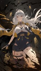 1girl absurdres asymmetrical_gloves black_gloves black_shorts breasts closed_mouth elbow_gloves elmo_(st_elmomomo) fingerless_gloves floating_hair gloves high-waist_shorts highres jacket kuji-in large_breasts long_hair looking_at_viewer mole mole_on_chest shorts single_elbow_glove single_thighhigh solo thighhighs white_hair yellow_eyes yellow_jacket yixuan_(zenless_zone_zero) zenless_zone_zero