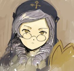Rule 34 | 1girl, absurdres, blue hat, cropped head, dlanor a. knox, drill hair, hat, highres, kornod, long hair, looking at viewer, purple eyes, round eyewear, solo, straight-on, twin drills, umineko no naku koro ni, yellow eyes