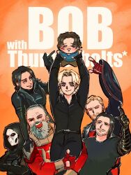 Rule 34 | 3girls, 4boys, abi12662984, animification, arms up, beard, belt, black belt, black bodysuit, black eyes, black gloves, black hair, black shirt, blonde hair, blue eyes, blue shirt, bodysuit, brown hair, brown pants, bucky barnes, carrying, carrying person, character name, closed eyes, closed mouth, commentary request, copyright name, covered face, crossed arms, dark-skinned female, dark skin, everyone, facial hair, father and daughter, fingerless gloves, ghost (marvel), gloves, grey eyes, grey hair, holding, holding shield, hood, hooded bodysuit, john walker (marvel), long hair, long sleeves, looking at another, looking up, marvel, marvel cinematic universe, mini person, miniboy, multiple boys, multiple girls, open mouth, orange background, pants, prosthesis, prosthetic arm, red bodysuit, red gloves, red guardian (marvel), sentry (marvel), shield, shirt, short hair, short sleeves, sidelocks, simple background, smile, star (symbol), superhero costume, t-shirt, taskmaster, teeth, thunderbolts (movie), v-shaped eyebrows, very short hair, white mask, yelena belova