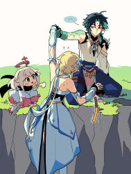 ... 1boy 2girls absurdres arm_tattoo bead_necklace beads black_gloves black_hair blonde_hair closed_mouth detached_sleeves dress facial_mark flower flying_sweatdrops forehead_mark genshin_impact gloves grass green_hair hair_flower hair_ornament halo highres holding_hands isaraa_005 jewelry kneeling lumine_(genshin_impact) multicolored_hair multiple_girls necklace orange_eyes paimon_(genshin_impact) partially_fingerless_gloves puff_of_air scarf spikes spoken_ellipsis sweat tattoo white_dress white_flower xiao_(genshin_impact)