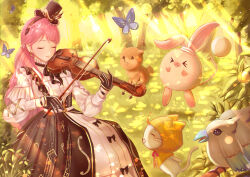 &gt;_&lt; ^_^ absurdres ahoge ambird_(infinity_nikki) animal bird black_bow black_bowtie black_gloves black_hairband black_hat blue_butterfly blushbunny bow bow_(music) bowtie bug bush butterfly cat cloak closed_eyes closed_mouth clothed_animal collared_dress cross-laced_clothes cross-laced_sleeves dappled_sunlight day dog dress dress_bow ear_covers earrings eyelashes floof_(infinity_nikki) forest frilled_dress frilled_headwear frilled_sleeves frills gloves grass green_dress hair_bow hairband happy hat hat_feather hat_ornament high_collar highres holding holding_bow_(music) holding_instrument holding_violin hood hood_up hooded_cloak infinity_nikki insect instrument jewelry layered_dress layered_sleeves light_particles light_smile long_dress long_hair long_sleeves mini_hat mini_top_hat momo_(nikki) music musical_note musical_note_earrings musical_note_hat_ornament musical_note_print nature nikki_(nikki) nikki_(series) orange_bow orange_bowtie outdoors pink_hair playing_instrument puffy_long_sleeves puffy_sleeves rabbit sarah_ang short_over_long_sleeves short_sleeves sitting sleeves_past_wrists smile sunlight symphony_of_strings_(infinity_nikki) top_hat treble_clef violin whiskers white_bow white_cat white_dress yellow_cloak