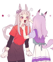 2girls ? animal_ears apron black_pants clothing_cutout cowboy_shot ggubii0225 gloves gold_ship_(umamusume) grey_hair headband highres horse_ears horse_girl horse_tail long_hair mejiro_mcqueen_(umamusume) multiple_girls open_mouth pants purple_hair purple_shirt red_eyes red_shirt round_teeth shirt skirt spoken_question_mark tail tail_through_clothes tape_measure teeth umamusume umayuru waist_apron white_background white_gloves white_skirt