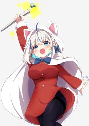 1girl :d absurdres ahoge animal_ears animal_hood arm_up black_pantyhose blue_bow blue_bowtie blue_eyes blue_hair blue_nails blush bow bowtie braid breasts cape cat_hood cloak colored_inner_hair commission dress fake_animal_ears feet_out_of_frame fur-trimmed_dress fur_trim grey_background hair_bow highres holding holding_staff holding_wand hood hood_up hooded_cloak large_breasts long_sleeves looking_at_viewer medium_breasts multicolored_hair nail_polish open_mouth original pantyhose red_dress shiro9jira short_hair side_braid simple_background single_braid skeb_commission smile solo sparkle staff streaked_hair thighband_pantyhose two-tone_hair wand white_cape white_hair