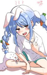 1girl animal_ears barefoot blue_shorts blush bow braid carrot_hair_ornament collar_tug collarbone colored_shadow commentary_request don-chan_(usada_pekora) ears_down food-themed_hair_ornament hair_between_eyes hair_bow hair_ornament highres hololive hot kiritoma long_hair looking_at_viewer multicolored_hair open_mouth rabbit-shaped_pupils rabbit_ears red_eyes shadow shirt short_eyebrows short_shorts short_sleeves shorts signature simple_background sitting solo sweat symbol-shaped_pupils thick_eyebrows tongue tongue_out twin_braids twintails two-tone_hair usada_pekora very_long_hair virtual_youtuber white_background white_bow white_hair white_shirt