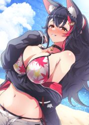 1girl absurdres animal_ear_fluff animal_ears arm_under_breasts bikini black_choker black_hair black_jacket blue_sky blush choker closed_mouth cloud hair_ornament hairpin highres hololive jacket kaiju_ryoku navel official_alternate_costume ookami_mio ookami_mio_(hololive_summer_2019) ponytail red_hair shorts sky solo swimsuit virtual_youtuber white_bikini white_shorts wolf_ears wolf_girl yellow_eyes