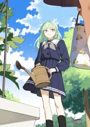 2girls bang_dream! bang_dream!_it&#039;s_mygo!!!!! blue_sky cloud cloudy_sky commentary_request gardening green_hair highres looking_at_another multiple_girls outdoors plant rakuichi school_uniform skirt sky socks standing tsukinomori_school_uniform wakaba_mutsumi