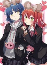 2girls :3 absurdres alternate_costume black_skirt black_vest blue_hair bocchi_the_rock! border bow bowtie collared_shirt cowboy_shot gotoh_hitori gotoh_hitori_(octopus) gotoh_hitori_(tsuchinoko) green_eyes grey_jacket hair_bow hair_ornament hairclip halftone halftone_background hand_in_pocket heart highres holding_another&#039;s_arm hood hooded_jacket jacket kita_ikuyo looking_at_viewer meiji_(meizi493) multiple_girls parted_lips pink_background plaid_clothes plaid_skirt pleated_skirt red_bow red_bowtie red_hair shirt skirt standing vest white_border white_shirt yamada_ryo