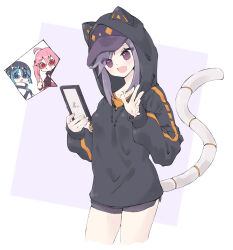 3girls baseball_cap black_hoodie black_shorts cellphone cowboy_shot duel_monster grey_hair hat highres holding holding_phone hood hoodie i:p_masquerena ki-sikil_(yu-gi-oh!) lil-la_(yu-gi-oh!) multiple_girls nakazawa_aki phone purple_eyes shorts smartphone solo_focus yu-gi-oh!