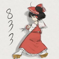 1girl 833_(cookie) ahoge black_hair bow character_name closed_eyes closed_mouth commentary_request cookie_(touhou) detached_sleeves from_behind full_body geta grey_background hair_bow hair_tubes hakurei_reimu holding holding_scissors name_connection nekocookie114 object_namesake ponytail red_bow red_shirt red_skirt ribbon-trimmed_sleeves ribbon_trim scissors shirt short_hair short_ponytail simple_background skirt sleeveless sleeveless_shirt smile socks solo touhou white_sleeves white_socks