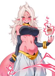 1girl absurdres android_21 black_nails bracelet breasts colored_skin commentary cupcake dragon_ball dragon_ball_fighterz earrings food gold_bracelet highres hoop_earrings jewelry long_hair majin_android_21 midriff pink_skin pointy_ears red_eyes solo tail white_hair zequung