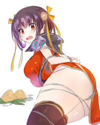 1girl armor bdsm black_hair bondage bound breasts china_dress chinese_clothes dragon_boat_festival dress food heaven_burns_red highres large_breasts li_yingxia lliissaawwuu2 orange_eyes pelvic_curtain ribbon shoulder_armor side_slit sleeveless thighhighs yellow_ribbon zongzi