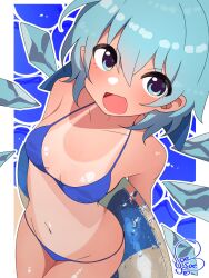1girl :d blue_background blue_eyes blue_hair blush breasts cirno cleavage commentary_request detached_wings from_above groin highres ice ice_wings innertube looking_at_viewer navel open_mouth short_hair signature small_breasts smile soesoe300 solo swim_ring tan tanline tanned_cirno touhou wings