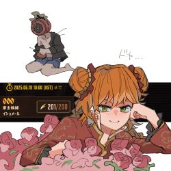1girl 1other bouquet braid closed_mouth dante_(limbus_company) double_bun family_hierarch_candidate_(identity)_(project_moon) flower freckles frilled_sleeves frills gold_trim green_eyes hair_bun ishmael_(project_moon) jacket limbus_company long_hair looking_at_viewer lunacy_(limbus_company) orange_hair pink_flower pink_rose project_moon red_jacket rose sijo_nm smile twin_braids very_long_hair