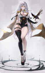 1girl absurdres black_gloves black_shorts black_thighhighs breasts cleavage fingerless_gloves full_body gloves grey_hair hair_ornament high-waist_shorts highres large_breasts long_hair looking_at_viewer shorts simple_background single_thighhigh solo thigh_strap thighhighs very_long_hair yellow_eyes yi_xuan_(zenless_zone_zero) yin_yang_pin yu_pian zenless_zone_zero