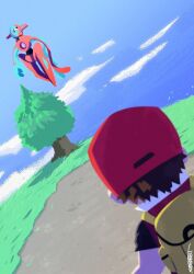 baseball_cap blue_sky day deoxys deoxys_(normal) floating gen_3_pokemon grass hat looking_at_another looking_at_viewer mythical_pokemon nature nintendo pokemon pokemon_(creature) pokemon_frlg red_(pokemon) sakanagi_(a_r_co) sky tentacles tree