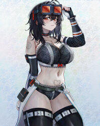 1girl absurdres bare_shoulders black_choker black_gloves black_hair black_panties black_thighhighs breasts choker cleavage closed_mouth collarbone commentary elbow_gloves english_commentary fingerless_gloves gloves goggles goggles_on_head grace_howard gurei_(streaper42846) highres large_breasts looking_at_viewer navel panties red_eyes solo stomach thighhighs thighs underwear zenless_zone_zero