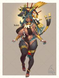 1girl 2025 absurdres animal_ears anklet armlet artist_logo artist_name bandages between_breasts black_fur blue_hair blue_nails blue_shorts breast_curtains breasts bugita cat_ears cat_girl commentary commission covered_erect_nipples curly_hair dark-skinned_female dark_skin detached_collar english_commentary female_focus fingernails full_body grey_background hair_ornament hair_over_one_eye highres huge_breasts jewelry logo long_hair micro_shorts muscular_arms nail_polish navel nervous_sweating original outside_border revealing_clothes see-through_clothes sharp_fingernails shiny_skin shorts simple_background solo standing standing_on_one_leg stirrup_footwear sweat thick_thighs thighlet thighs toenail_polish toenails toned toned_female vambraces