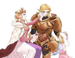 1boy 2girls armor blonde_hair bottle breastplate breasts child cloak crown crying dress family feet_out_of_frame frilled_sleeves frills full_armor fur_cloak gold_armor hair_bun hand_on_another&#039;s_head hat helmet hero&#039;s_shade holding holding_bottle holding_helmet if_they_mated juliet_sleeves kurokawa_karasu link long_dress long_hair long_sleeves medium_breasts mob_cap multiple_girls nintendo one_eye_closed parted_bangs pauldrons pink_dress pointy_ears princess_zelda puffy_sleeves rubbing_eyes scar scar_across_eye scar_on_face short_hair shoulder_armor sidelocks sitting tears the_legend_of_zelda the_legend_of_zelda:_ocarina_of_time the_legend_of_zelda:_twilight_princess wavy_hair white_background white_fur