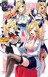 1girl bare_shoulders black_dress black_horns black_skirt black_tail black_thighhighs black_wings blonde_hair border breasts cleavage crossed_legs cuffs demon_girl demon_horns demon_tail demon_wings dress fangs fishnets food handcuffs high-waist_skirt highres holding holding_handcuffs holding_microphone hololive horns idol invisible_chair kito_koruta koruta_(nekoimo) large_breasts long_hair maid maid_headdress microphone multiple_views omelet omurice pink_background pink_shirt pointy_ears shirt simple_background sitting skin_fangs skirt tail thighhighs twintails virtual_youtuber white_border white_shirt wings yawning yuzuki_choco