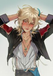 1boy arm_behind_head black_jacket blonde_hair blue_feathers blush bridge_piercing collarbone earrings face_piercing feather_hair_ornament feathers genshin_impact ggelus hair_between_eyes hair_ornament highres jacket jewelry kaveh_(genshin_impact) lips looking_to_the_side male_focus one_eye_closed orange_eyes piercing shirt short_hair simple_background solo twitter_username upper_body white_shirt