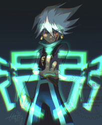 1boy black_background black_bodysuit bodysuit cowboy_shot facial_mark gradient_background grey_hair h2o_(gueguecamp) highres mega_man_(series) mega_man_star_force_(series) red_eyes simple_background solo solo_(mega_man) watermark