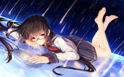 1girl barefoot bison_cangshu black_skirt brown_eyes brown_hair commentary feet female_focus full_body glasses glowing hair_between_eyes hair_ornament hairclip highres legs_up long_hair long_sleeves looking_at_viewer lying matching_hair/eyes meteor meteor_shower neckerchief night night_sky on_stomach original pleated_skirt red-framed_eyewear reflection reflective_floor revision ripples school_uniform semi-rimless_eyewear serafuku skirt sky smile solo star_(sky) star_(symbol) star_hair_ornament the_pose under-rim_eyewear very_long_hair